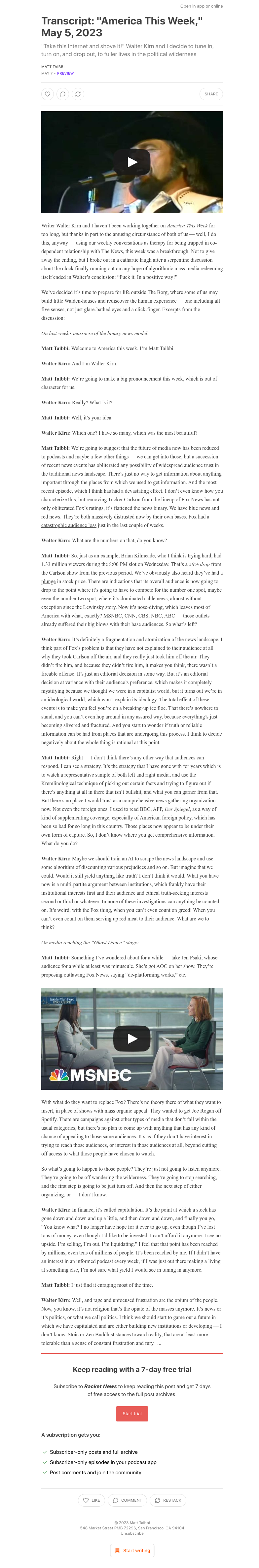 Substack - Transcript: "America This Week," May 5, 2023