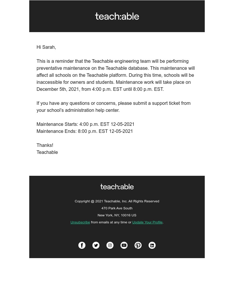 Teachable - Teachable Downtime - Scheduled Maintenance Reminder