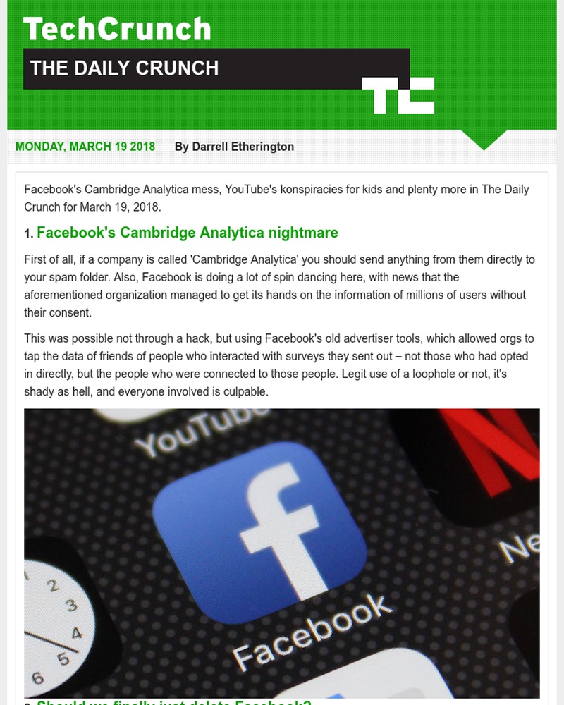  - Facebook faces a privacy fiasco. It's The Daily Crunch.
