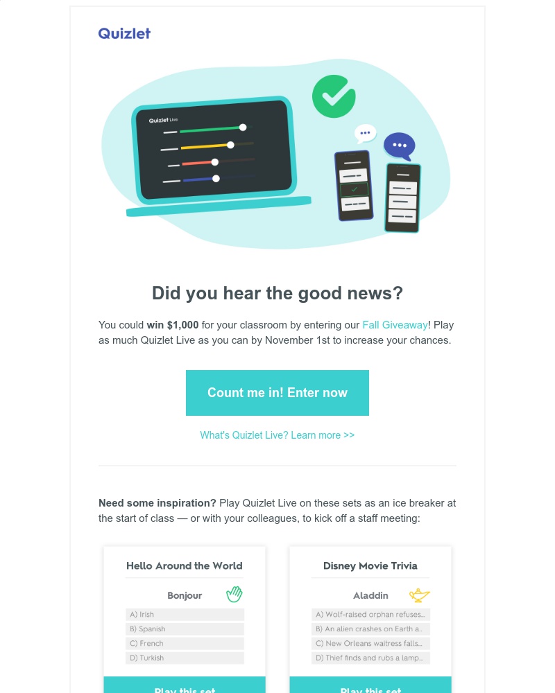Quizlet - Fall Giveaway Alert: Win $1,000 for your classroom!