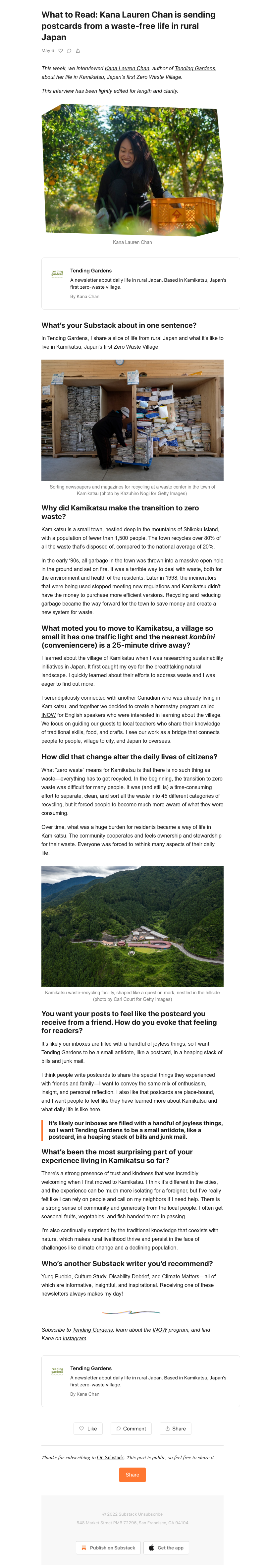 Substack - What to Read: Kana Lauren Chan is sending postcards from a waste-free life in rural Japan