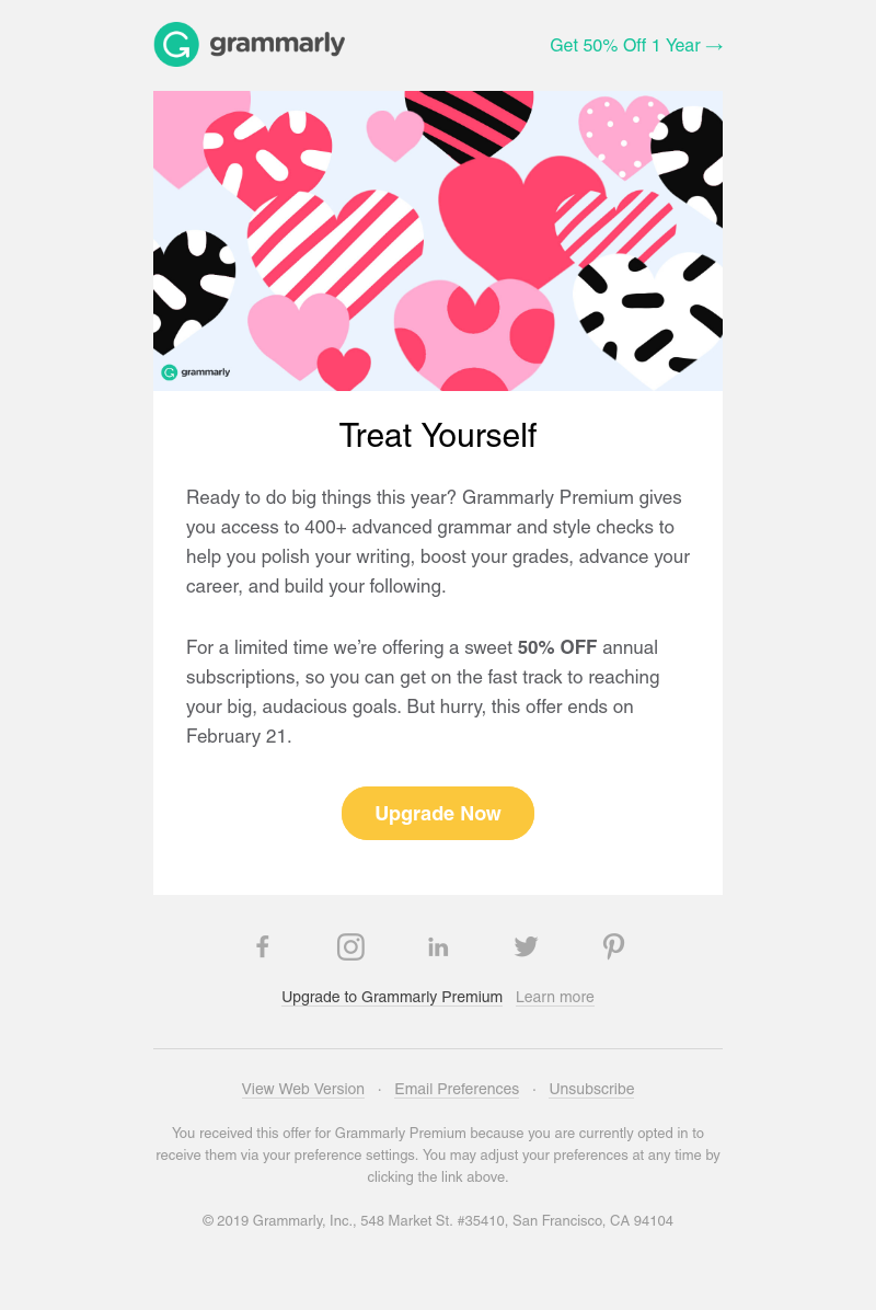 Grammarly - 50% OFF Annual Plans. Love your writing this year. 💗