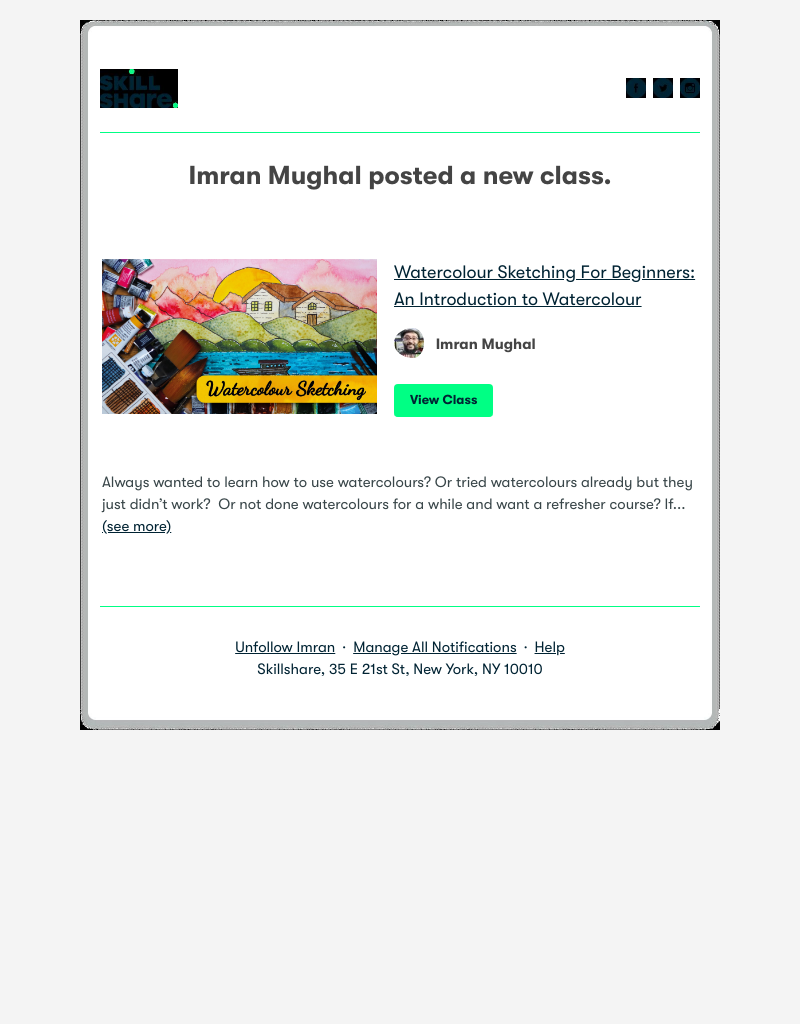 Skillshare - Imran Mughal posted a new class: "Watercolour Sketching For Beginners: An Introduction to Watercolour"