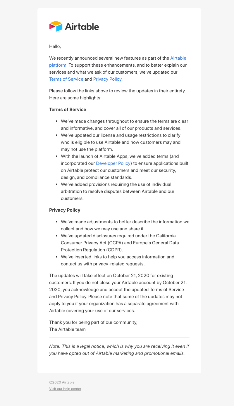 Airtable - Updates to our Terms of Service and Privacy Policy
