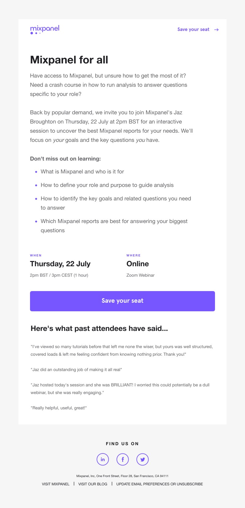 Mixpanel - Need help building Mixpanel reports? Attend this fan favorite workshop on 22 July