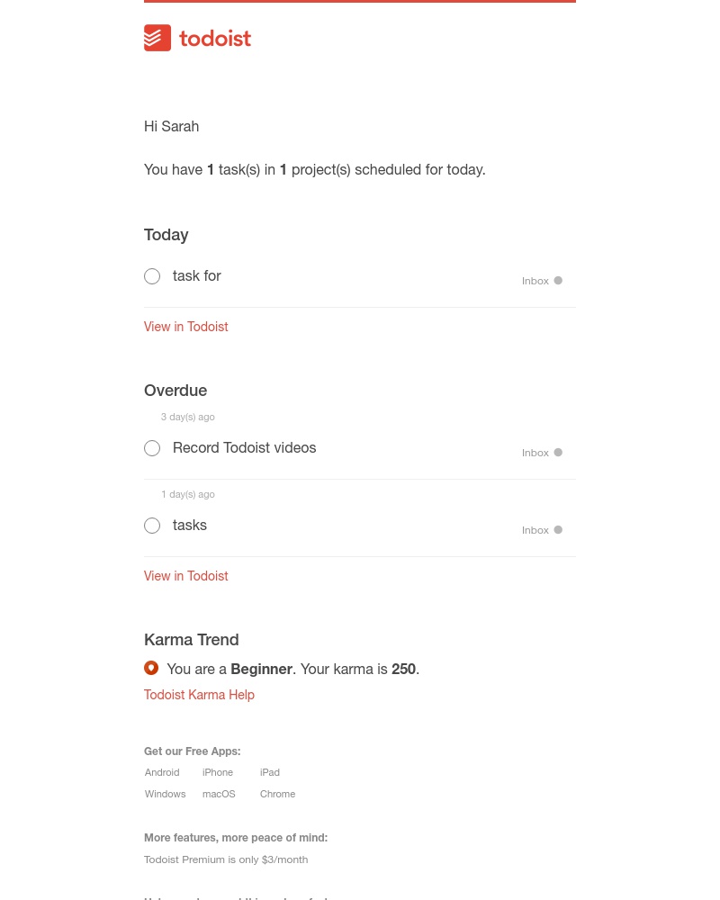 Todoist - [Feb 20] Sarah, you have 3 tasks due today