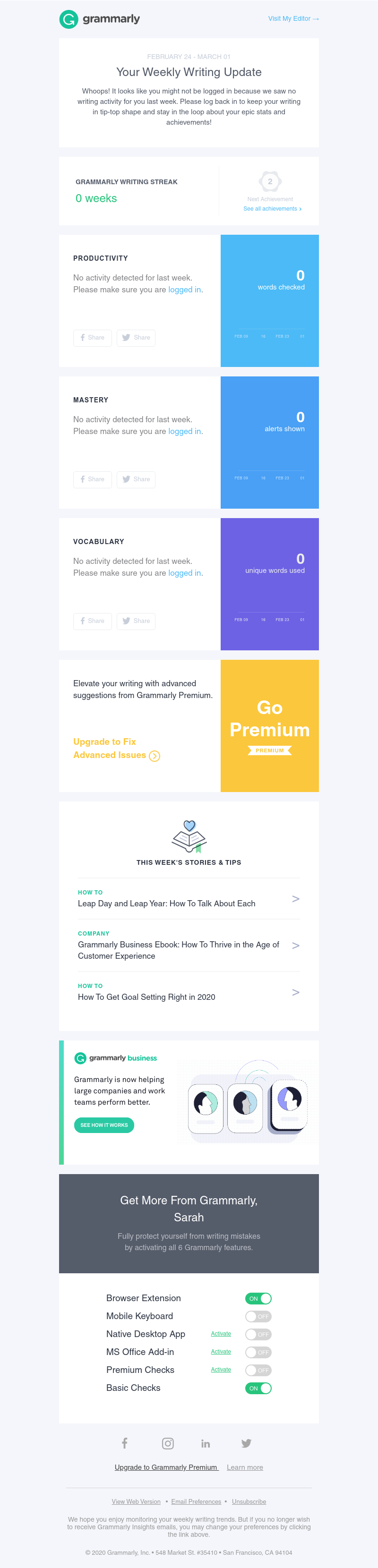 Grammarly - Keep writing to see your super stats.