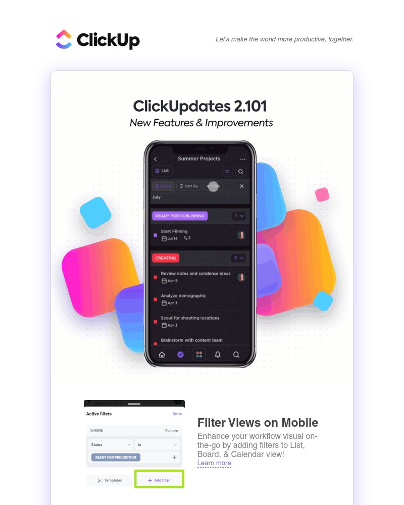 ClickUp - Filter Views on Mobile, Space, Folder, & List Settings on Mobile, Improved Gantt View Export ➕ more!