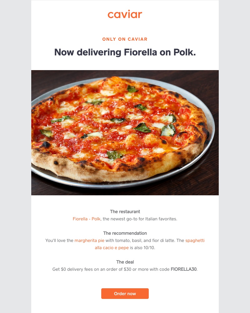  - Fiorella on Polk is now only on Caviar (with $0 delivery fees)