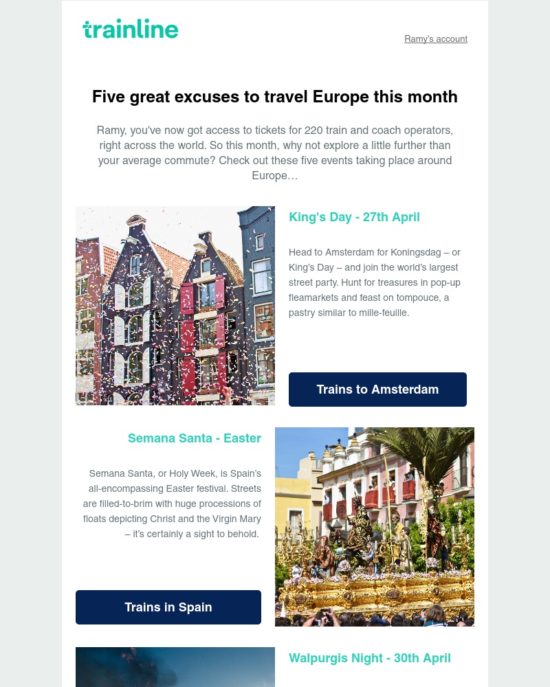 Trainline - Five great excuses to travel Europe this month
