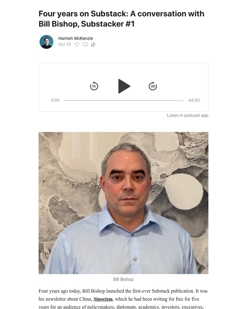 Substack - Four years on Substack: A conversation with Bill Bishop, Substacker #1