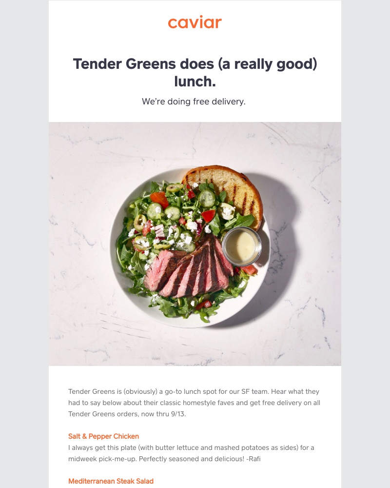  - Free delivery from Tender Greens this week