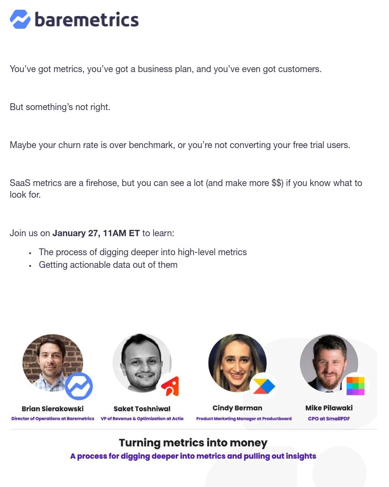 Baremetrics - Free Webinar: Turning SaaS Metrics Into Money 💸