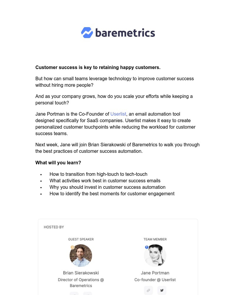 Baremetrics - From High Touch to Tech Touch: Automating Your Customer Success Touchpoints (Workshop)