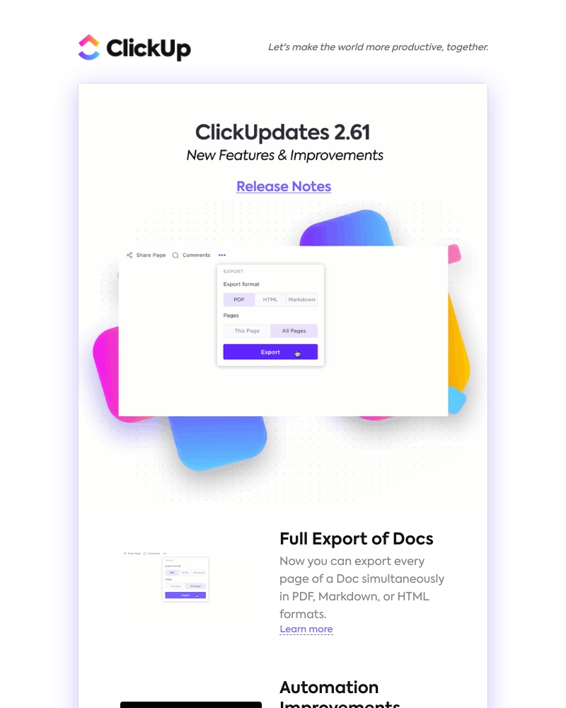 ClickUp - Full Doc Exports, Automation Improvements, Bug Fixes, ➕ more!