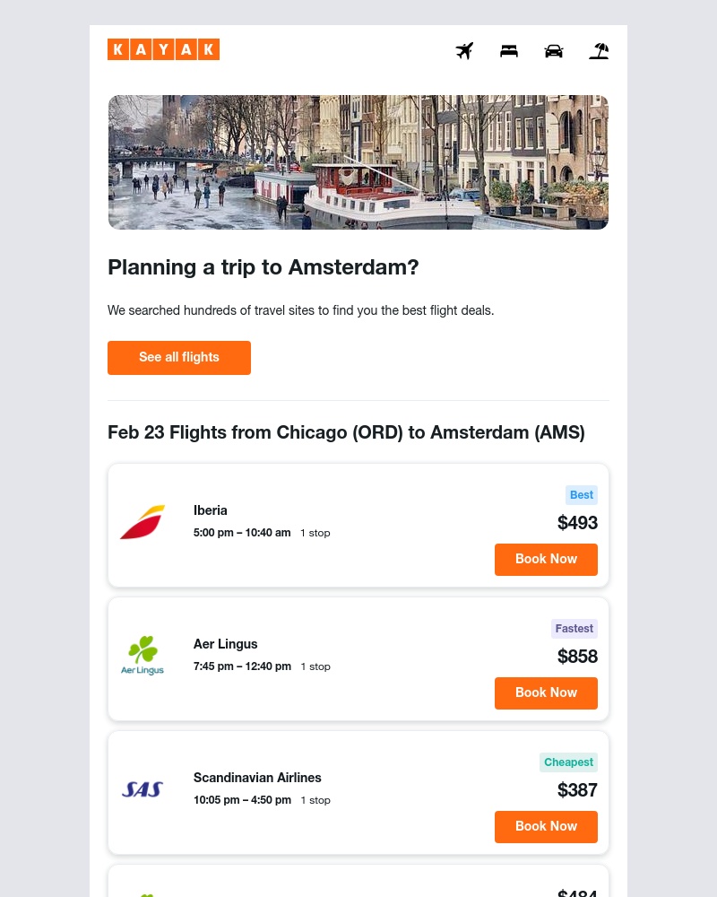 Kayak - Future Flights from Chicago to Amsterdam, starting at $387