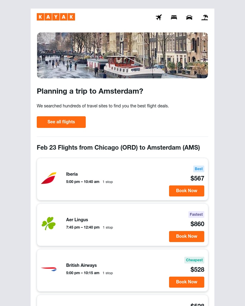 Kayak - Future Flights from Chicago to Amsterdam, starting at $528