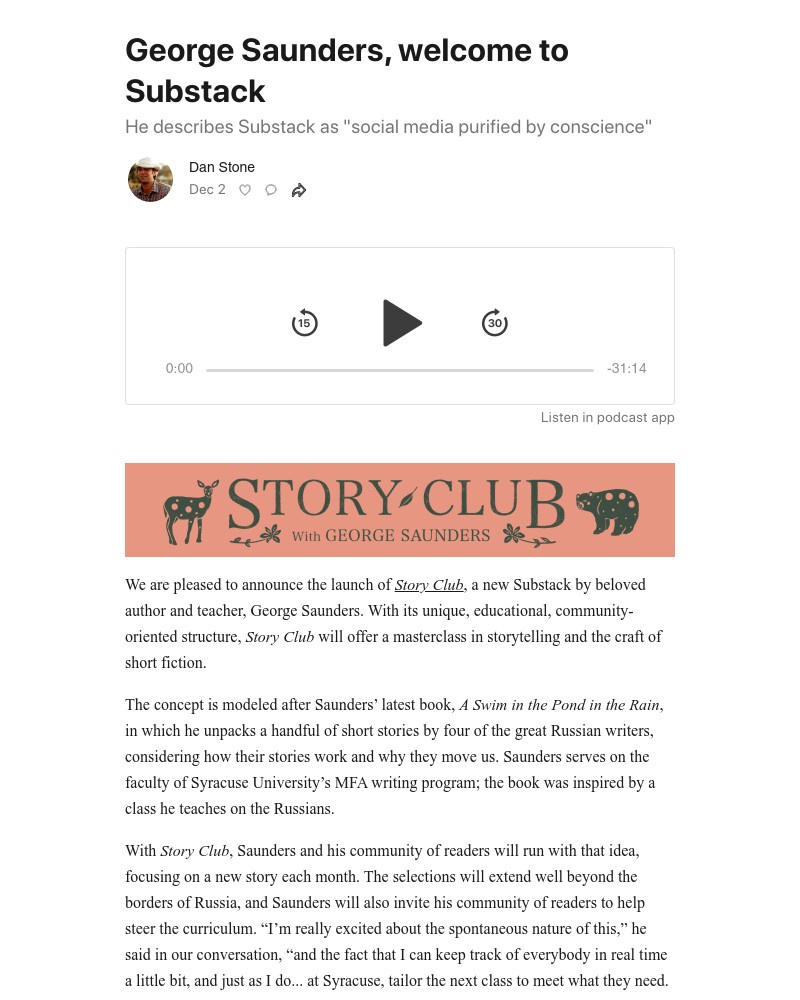 Substack - George Saunders, welcome to Substack