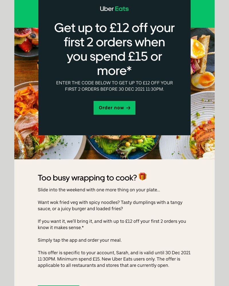 Uber Eats - Get  £12 off  your first 2 orders