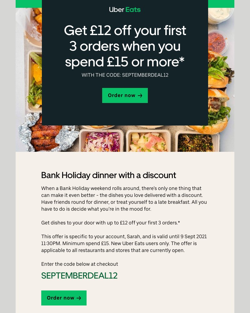 Uber Eats - Get  £12 off  your first 3 orders
