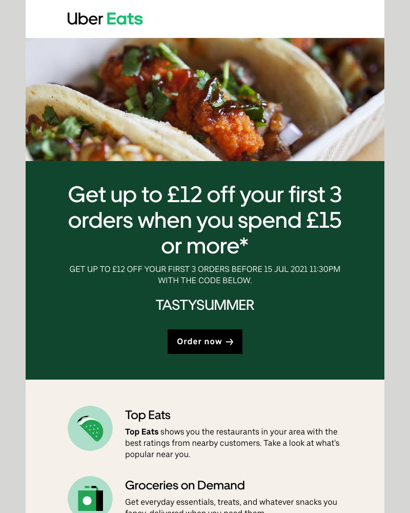 Uber Eats - Get  £12 off  your first 3 orders 