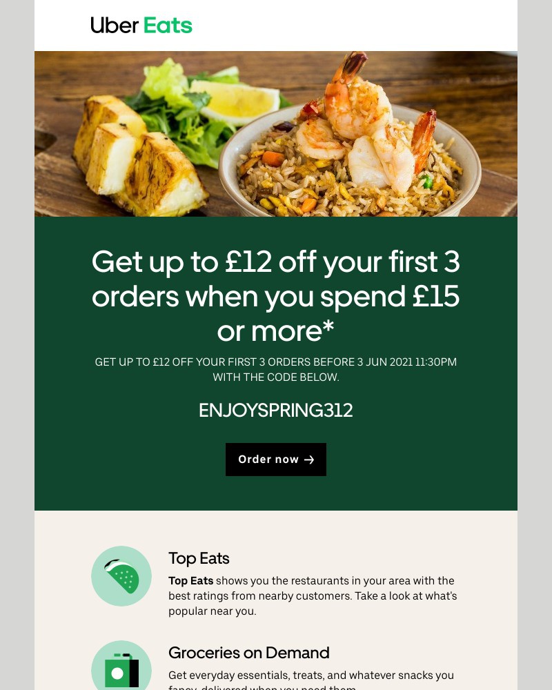 Uber Eats - Get  £12 off  your first 3 orders 
