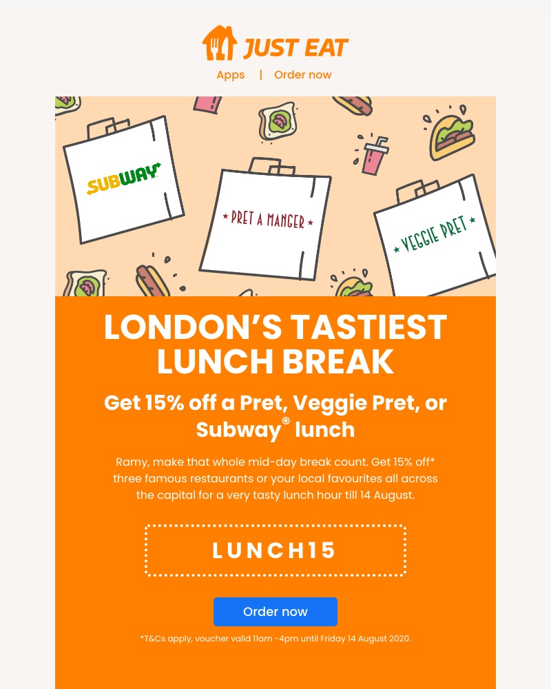 Just Eat - Get 15% off lunch from Pret, Subway®, Veggie Pret, and more 