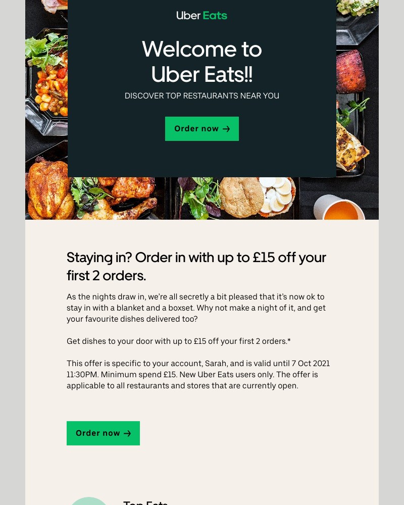 Uber Eats - Get  £15 off  your first 2 orders