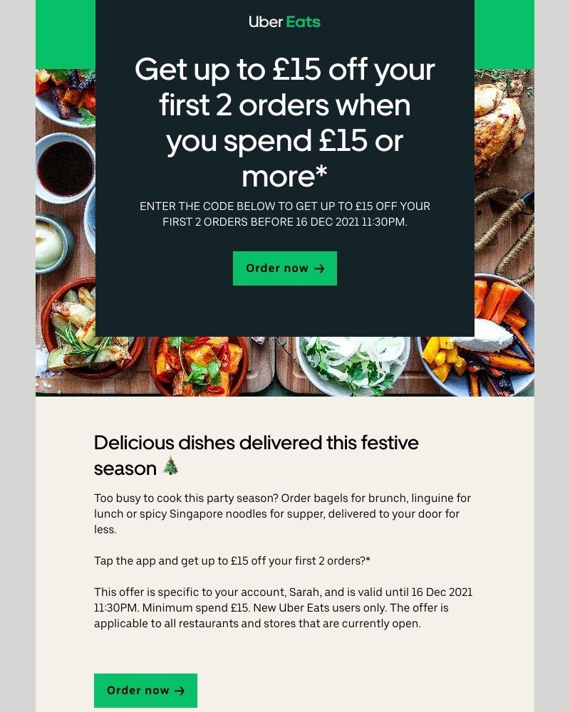 Uber Eats - Get  £15 off  your first 2 orders