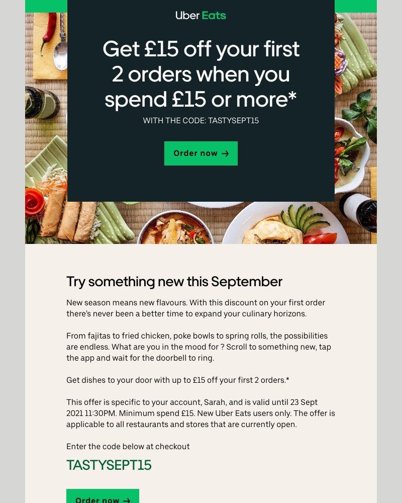 Uber Eats - Get  £15 off  your first 2 orders