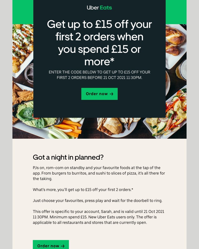 Uber Eats - Get  £15 off  your first 2 orders