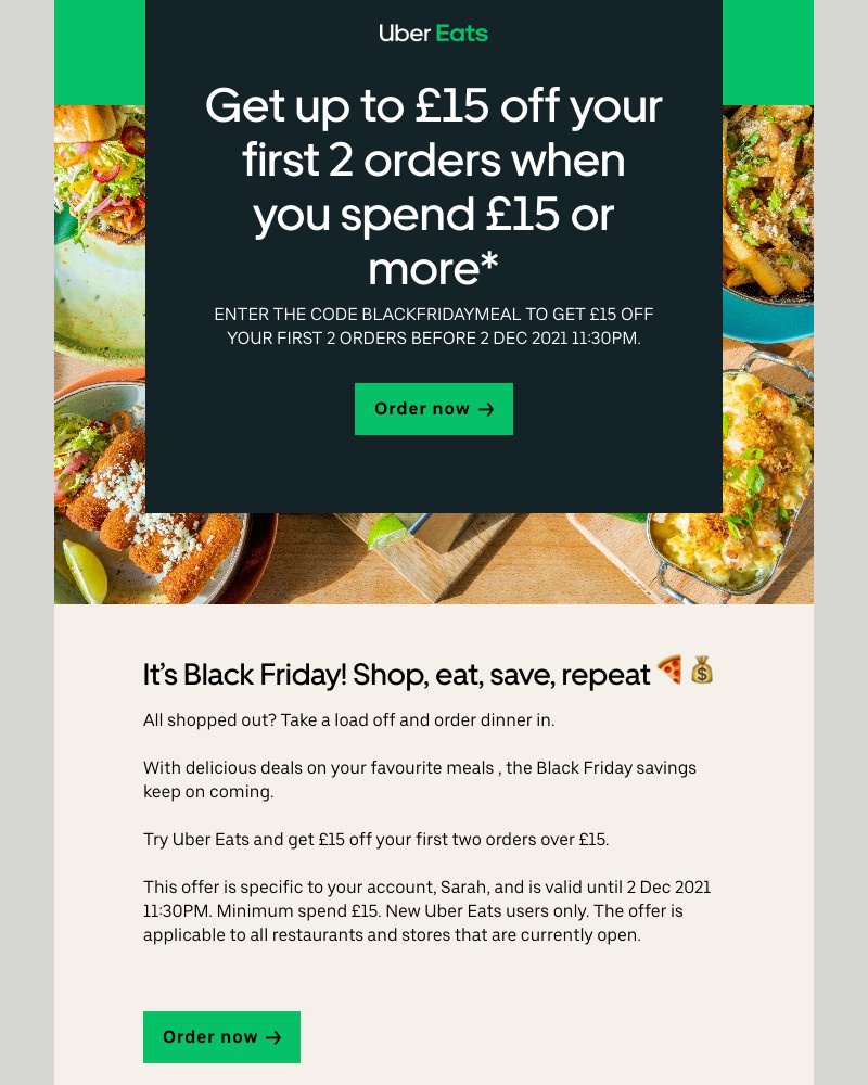 Uber Eats - Get  £15 off  your first 2 orders