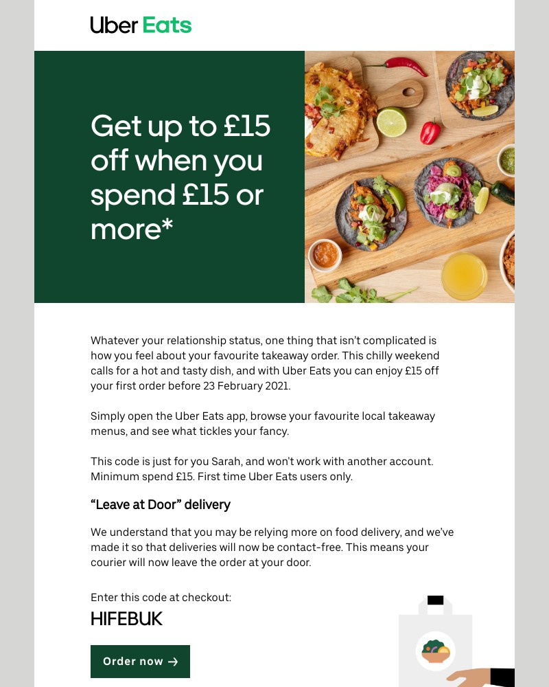 Uber Eats - Get £15 off your first order, just in time for Valentine’s Day 