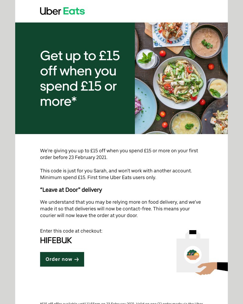 Uber Eats - Get £15 off your first takeaway,  Sarah