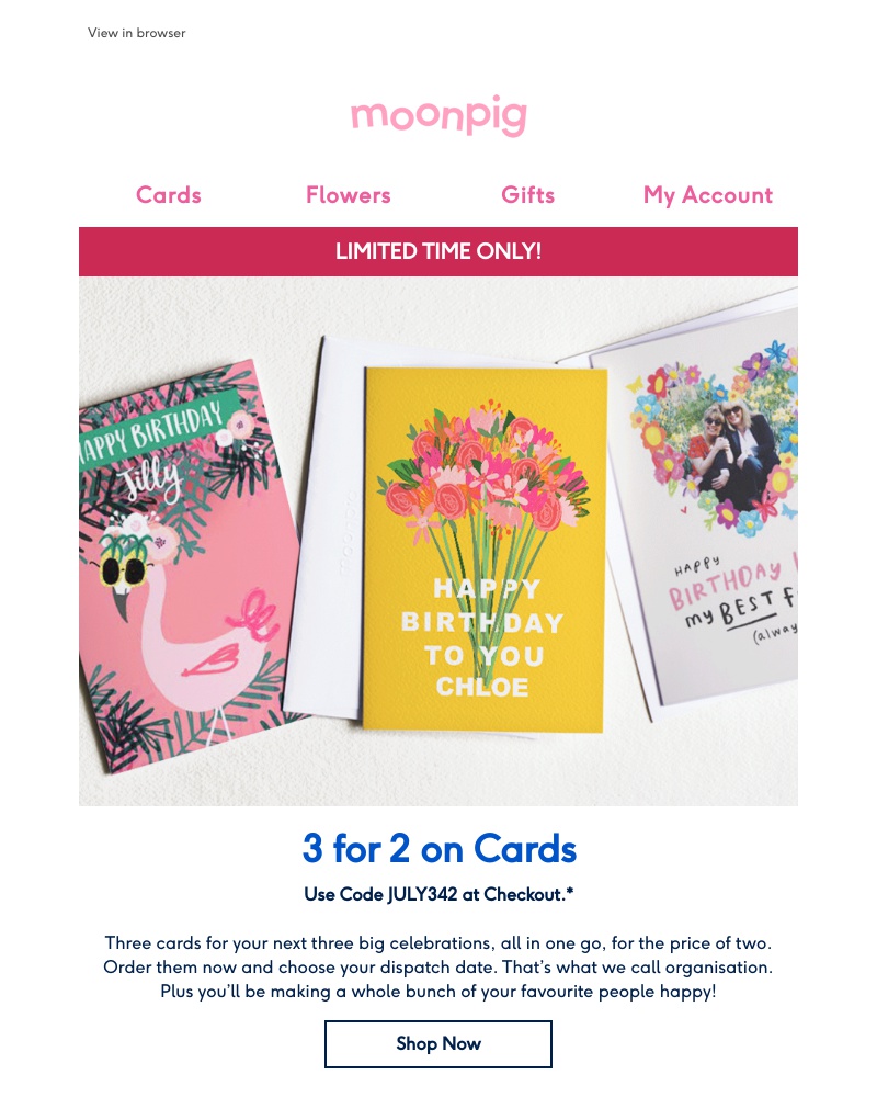 Moonpig - Get 3 for 2 on cards!
