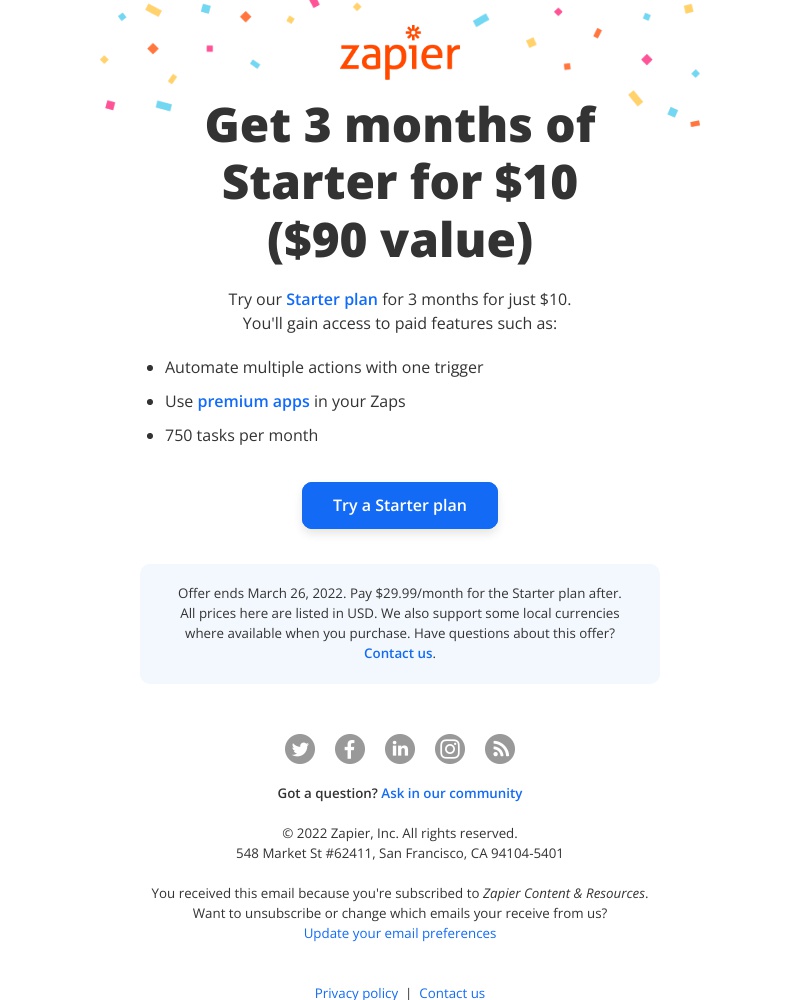 Zapier - Get 3 months of our Starter plan for $10