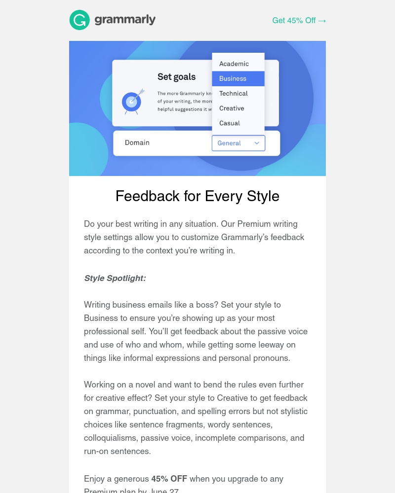 Grammarly - Get 45% Off & Unlock Writing Style Customization