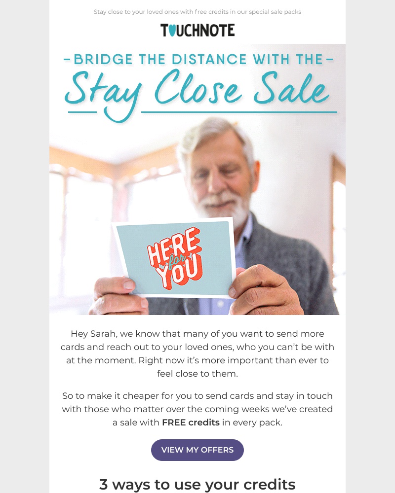 TouchNote - Get free credits in the Stay Close Sale, Sarah 🤗