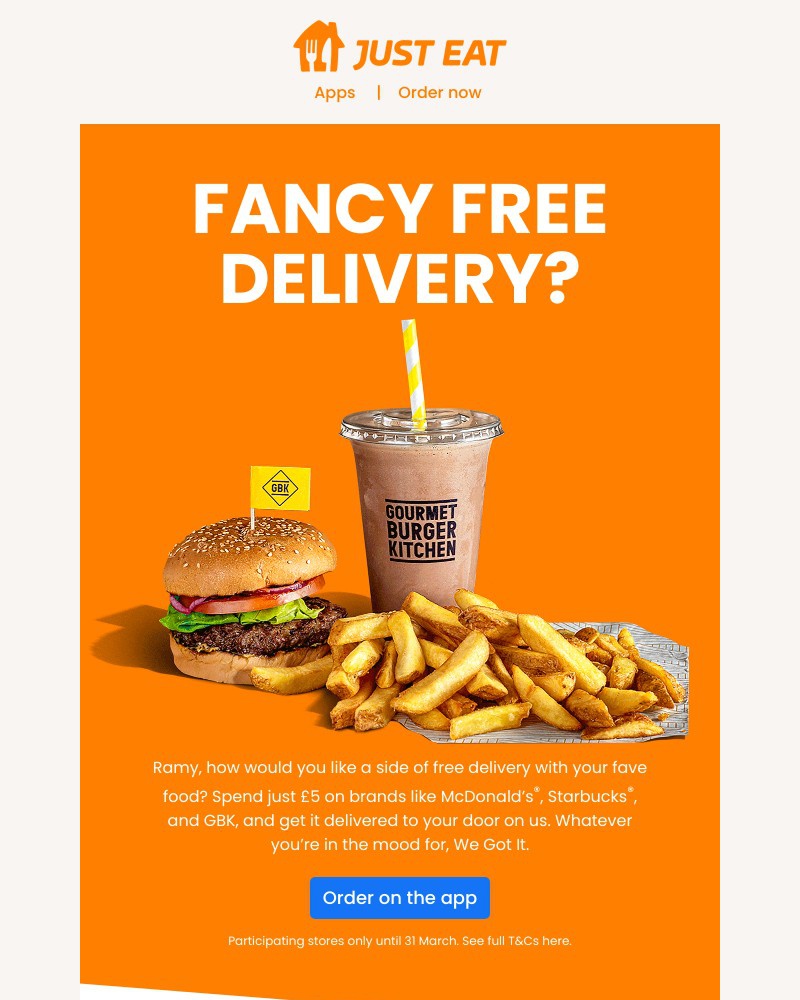 Just Eat - Get free delivery on McDonald’s®, Starbucks®, GBK, and more ❤️