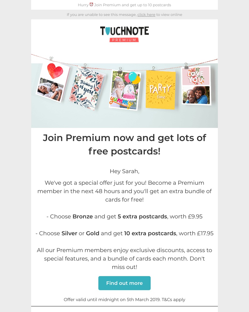 TouchNote - Get up to 10 free postcards when you join Premium ⚡️