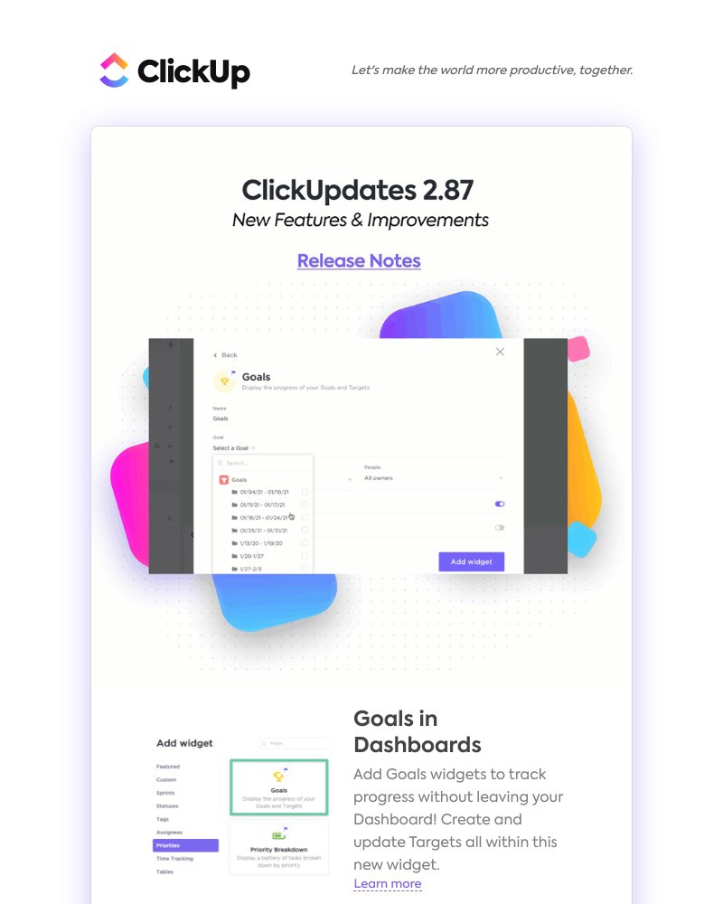 ClickUp - Goals in Dashboards, Performance Improvements, ➕ more!
