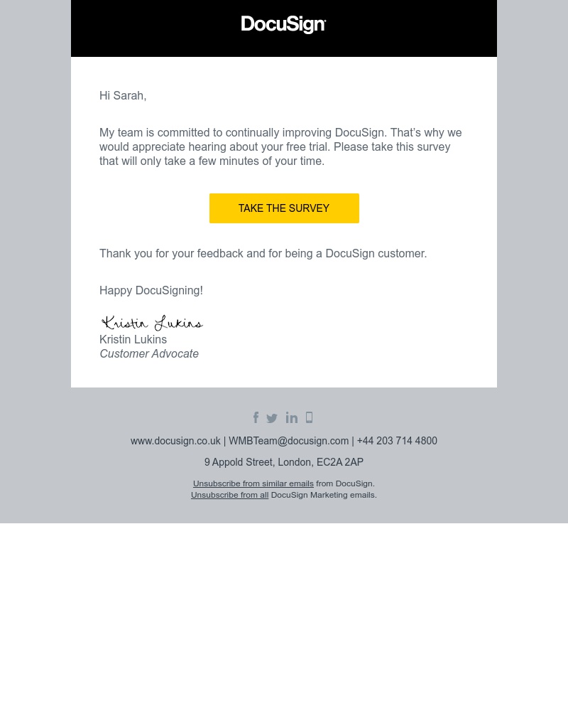 Docusign - Got a minute? Your free trial feedback is important to us.