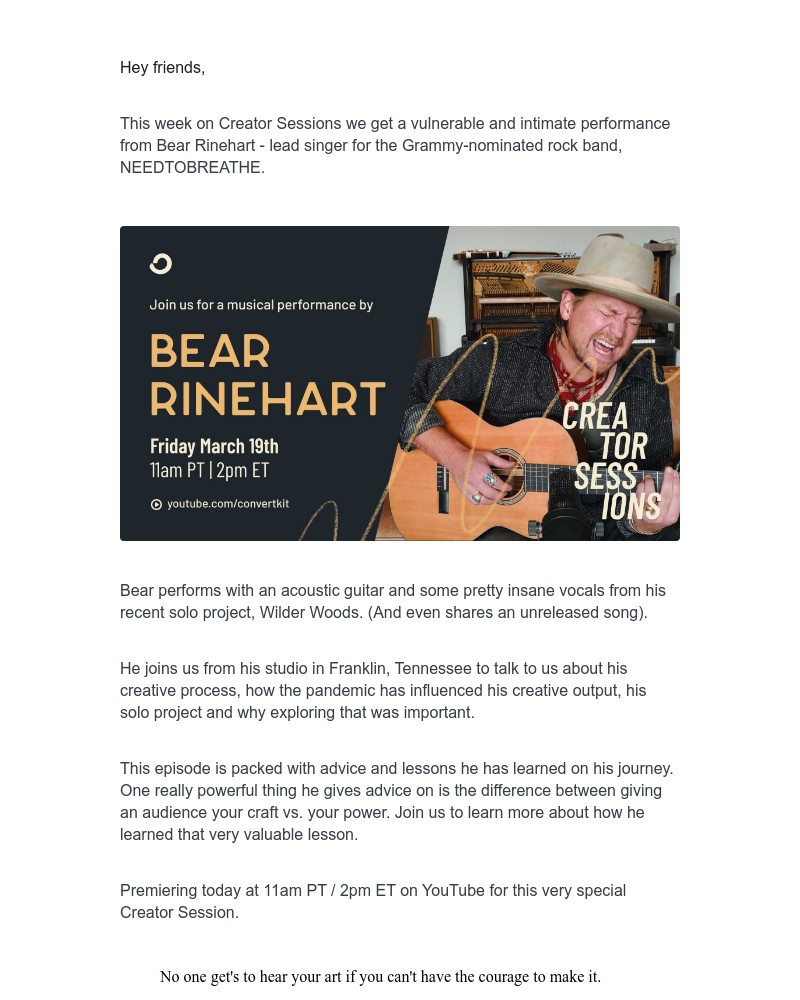 ConvertKit - 🎤 🎤: Grammy Nominated Lead Singer for NEEDTOBREATHE, Bear Rinehart, on Creator Sessions
