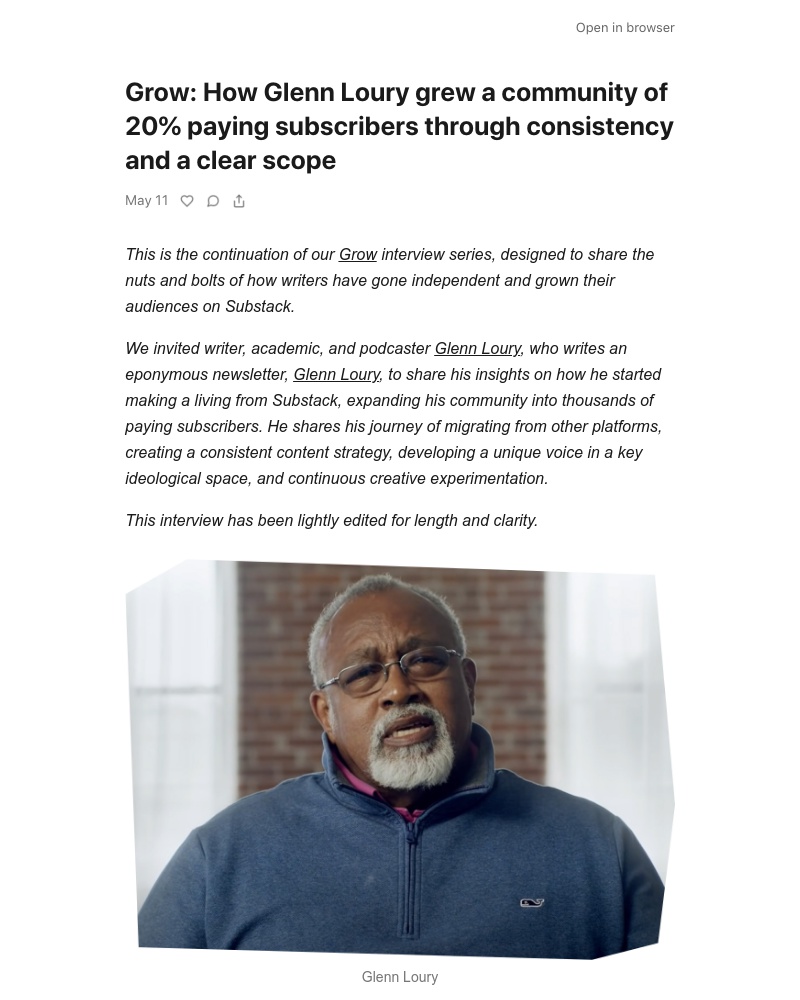 Substack - Grow: How Glenn Loury grew a community of 20% paying subscribers through consistency and a clear scope