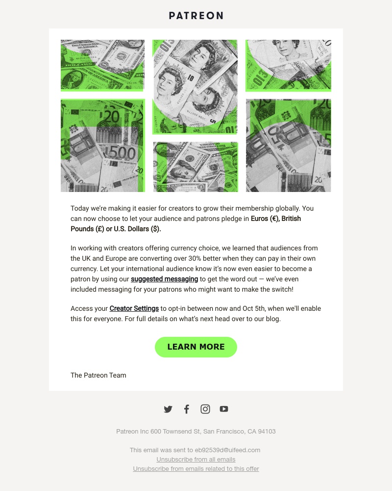 Patreon - Grow your membership with new currencies: €, £ and U.S. $