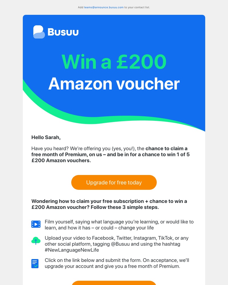 Busuu - Have you heard? We’re giving away £200 Amazon vouchers +  free upgrades 🎁