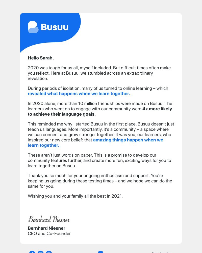 Busuu - Hello Sarah, it’s Bernhard, CEO of Busuu 👋 