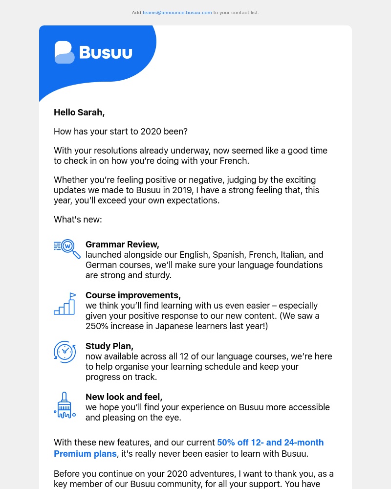 Busuu - Hello Sarah, it’s Bernhard here, Busuu’s CEO 👋     