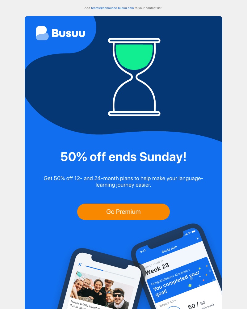 Busuu - Here’s 50% off Premium Plus 💪 Now you have no excuse 😜     