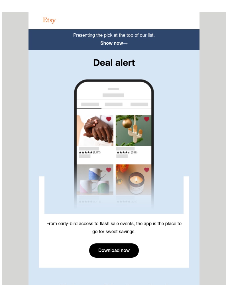 Etsy - Hooray! It’s your Etsy weekly updates